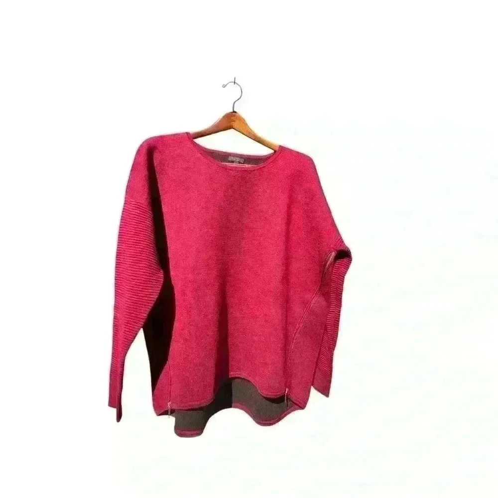 J Crew Women’s Ribbed Merino Wool Cranberry Pullover Sweater Sz L Side-Zip EUC